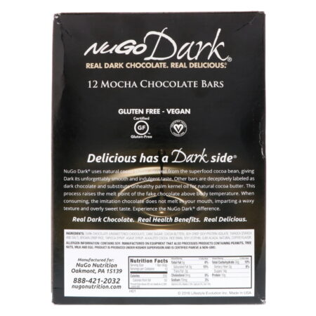 NuGo Nutrition, NuGo Dark, Protein Bars, Chocolate Mocha, 12 Barrinhas, 50 g (1,76 oz) Cada - Image 3