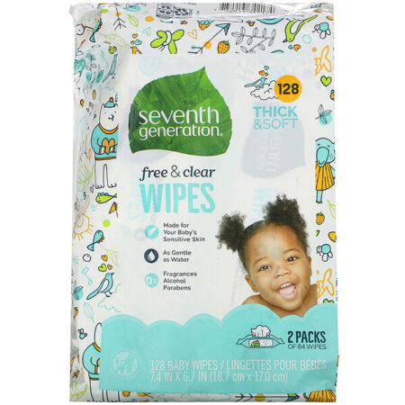 Seventh Generation, Baby, Free & Clear Wipes, Unscented, 2 Pack, 64 Wipes Each