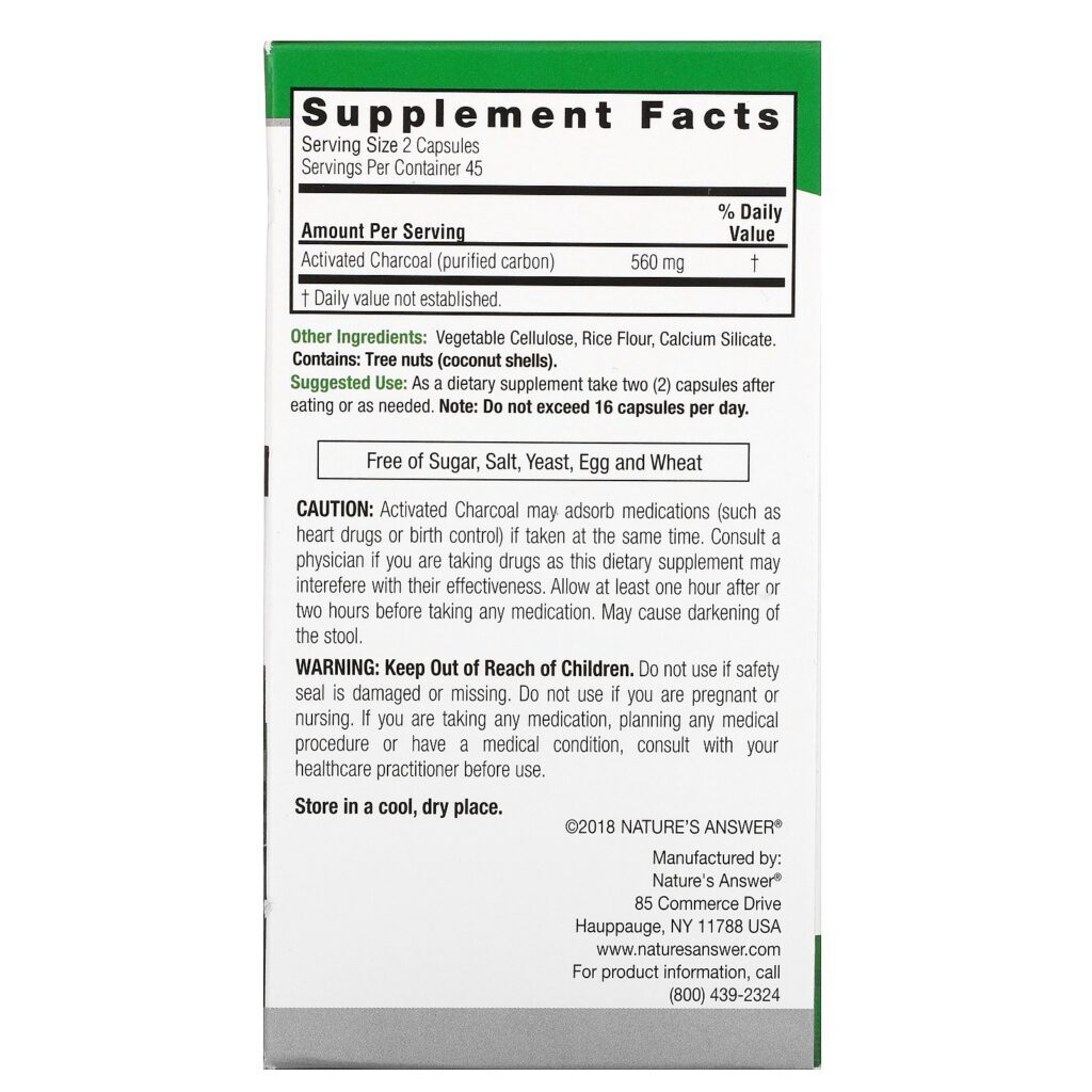 Nature's Answer, Charcoal, Activated Purified Carbon, 560 mg, 90 Vegetable Capsules - Imagem 2