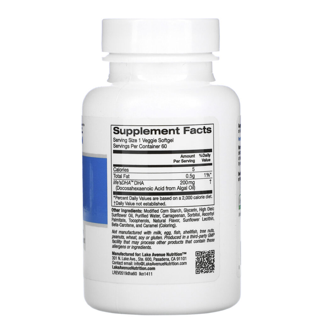 Lake Avenue Nutrition, DHA de Algas Marinhas, Ômega Vegetariano, 200 mg, 60 Cápsulas Softgel Vegetais - Imagem 2