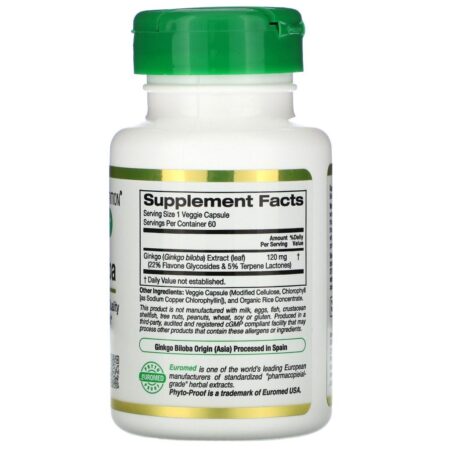 California Gold Nutrition, Extrato de Ginkgo biloba, EuroHerbs, Qualidade Europeia, 120 mg, 60 Cápsulas Vegetais - Imagem 2