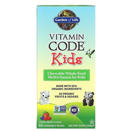 Garden of Life, Vitamin Code, Kids, Multivitamínico Mastigável de Alimentos Integrais para Crianças, Cherry Berry, 60 Ursos Mastigáveis