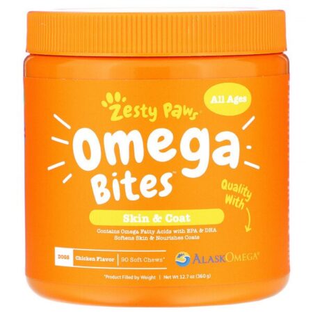 Zesty Paws, Biscoitos de Ômega para Cães, Pele & Pelos, Todas as Idades, Sabor Galinha, 90 Gomas Macias