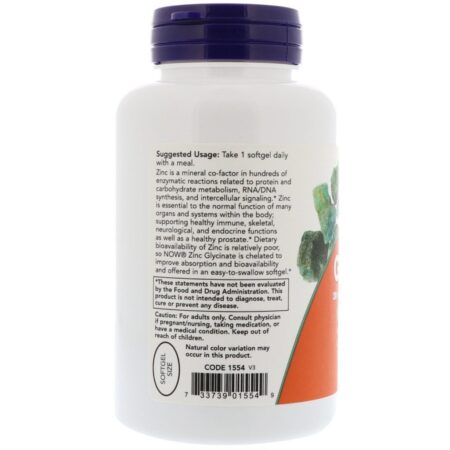 Now Foods, Glicinato de Zinco, 120 Cápsulas Gelatinosas - Imagem 3