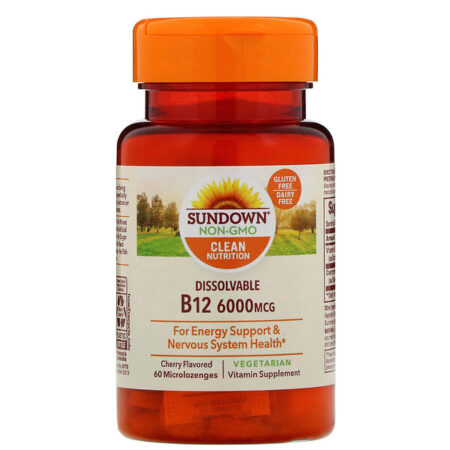 Sundown Naturals, B12 Solúvel, Sabor Cereja, 6.000 mcg, 60 Micropastilhas