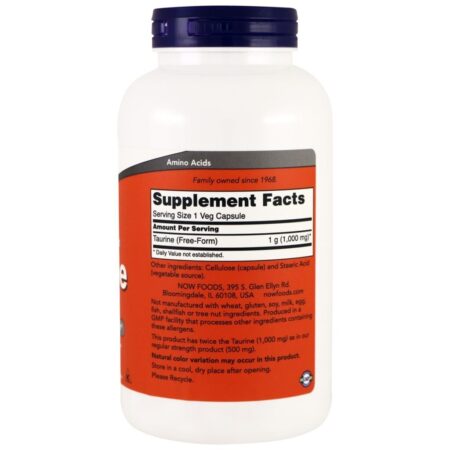 Now Foods, Taurina, Potência Dupla, 1.000 mg, 250 Cápsulas Vegetais - Imagem 2