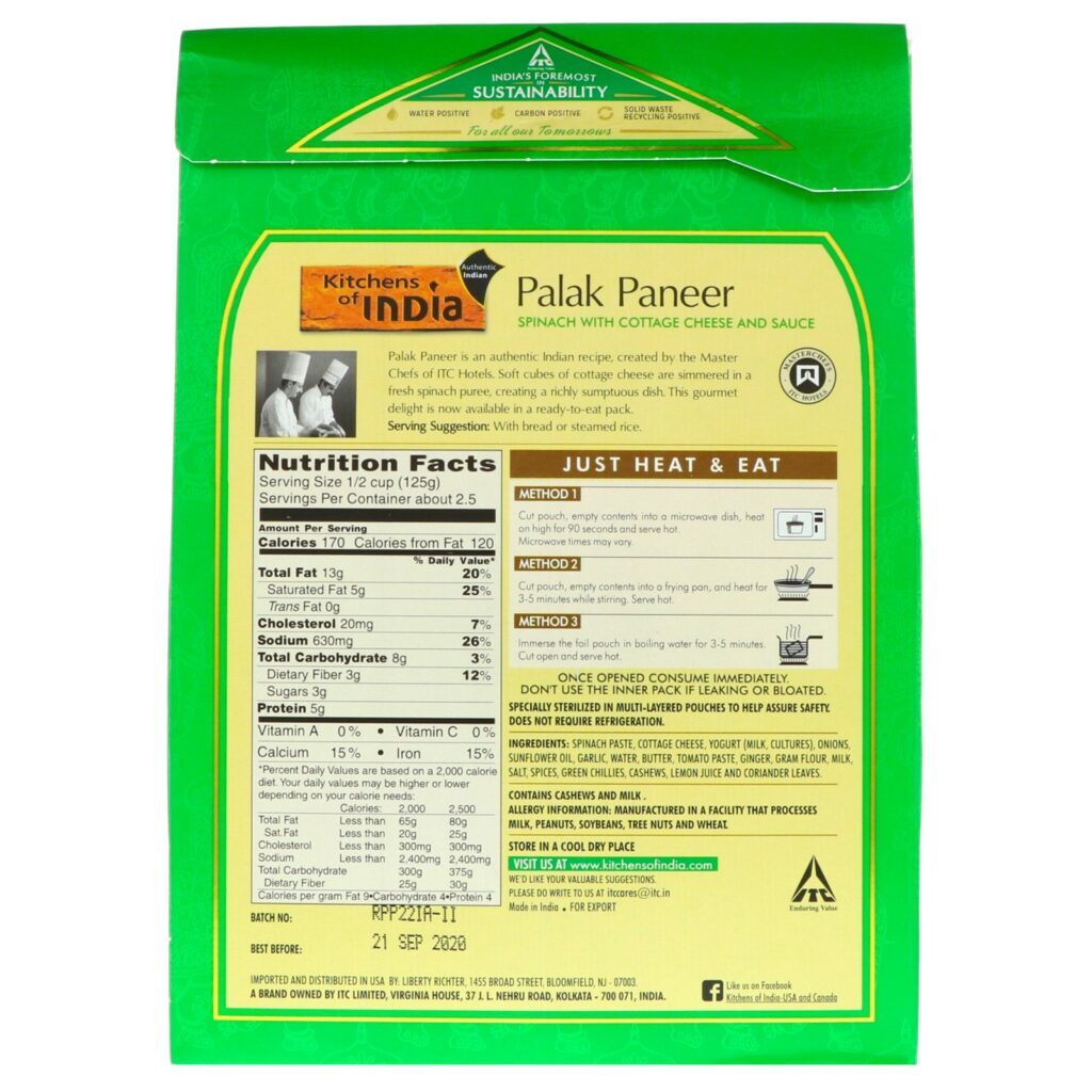 Kitchens of India, Palak Paneer, Espinafre com Queijo Cottage e Molho, 285 g (10 oz) - Imagem 2