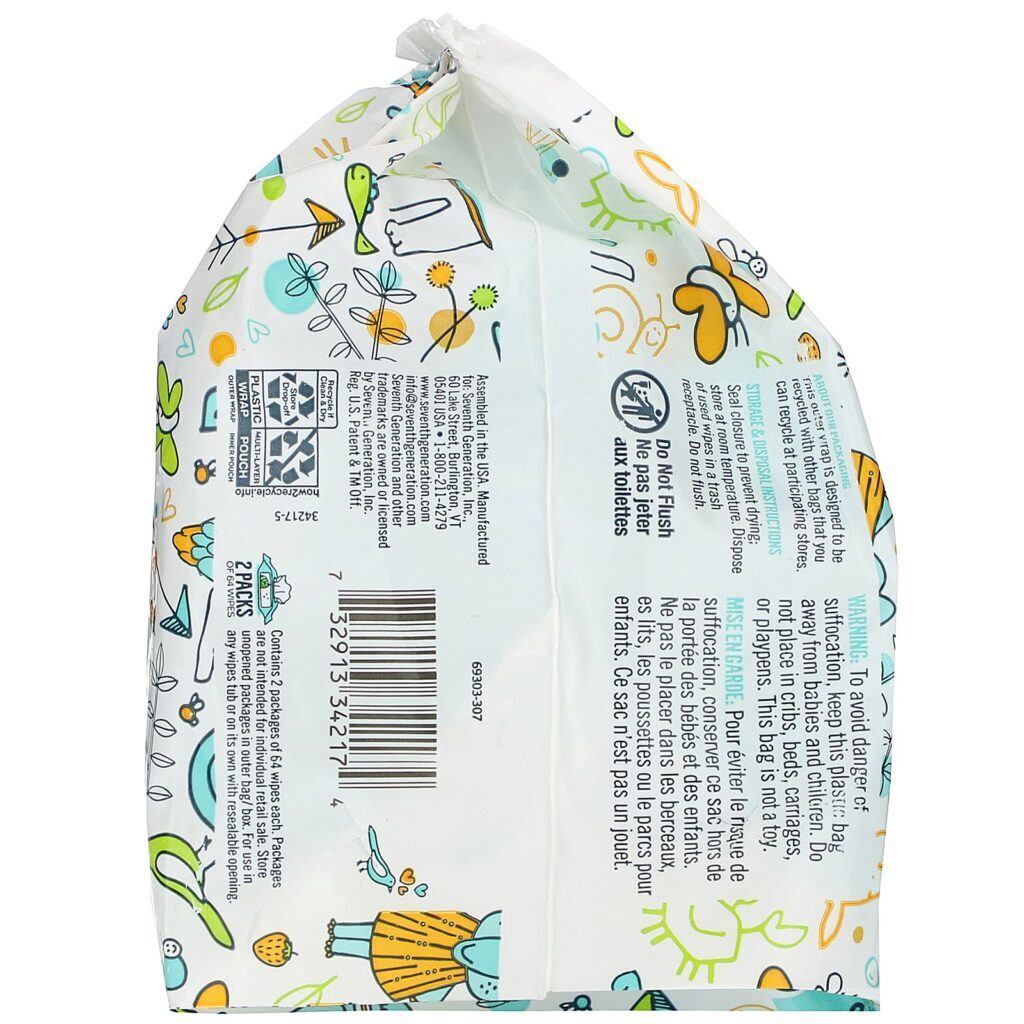 Seventh Generation, Baby, Free & Clear Wipes, Unscented, 2 Pack, 64 Wipes Each - Imagem 2