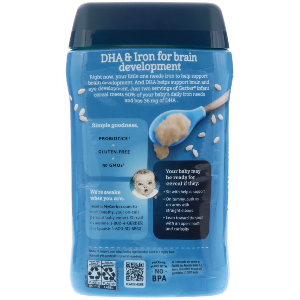 Gerber, DHA & Probiotic, Single Grain Rice Cereal, 8 oz (227 g) - Imagem 3