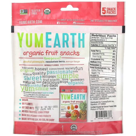 YumEarth, Petiscos de Frutas Orgânicas Tropicais, 5 Embalagens, 0,62 oz (17,6 g) Cada - Image 2