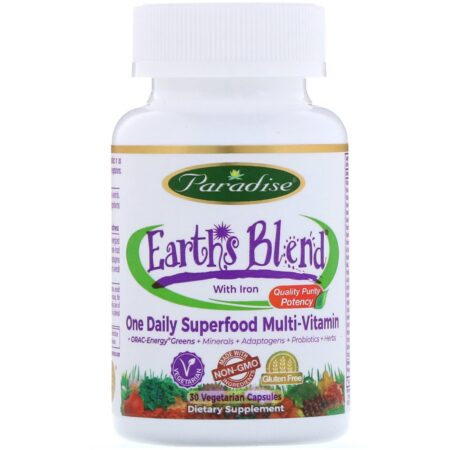 Paradise Herbs, Earth's Blend, One Daily Superfood Multi-Vitamin, With Iron, 30 Vegetarian Capsules - Image 3