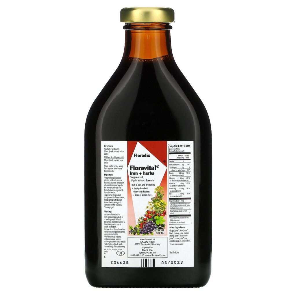 Flora, Floradix, Floravital Iron + Herbs Supplement, Liquid Extract Formula, 17 fl oz (500 ml) - Imagem 3