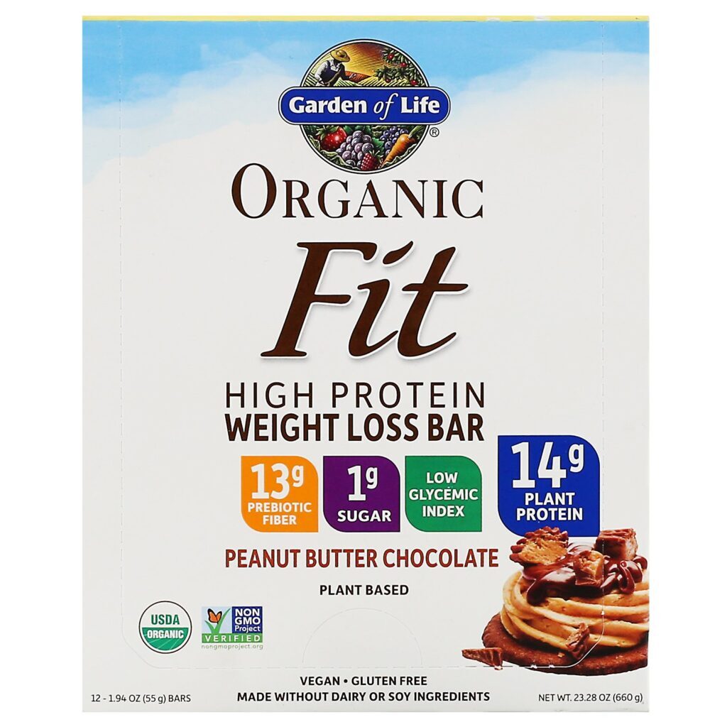 Garden of Life, Organic Fit, Barras de Alto Teor de Proteína para Perda de Peso, Chocolate com Manteiga de Amendoim, 12 Barras, 55 g (1,94 oz) Cada - Imagem 2