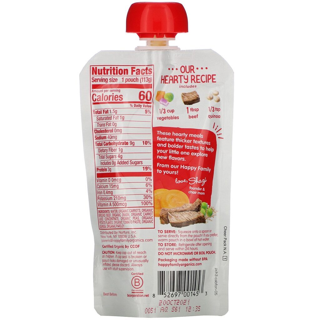 Happy Family Organics, Happy Baby, Stage 3, Organic Vegetable & Beef Medley with Quinoa, 7+ Months, 4 oz (113 g) - Imagem 2