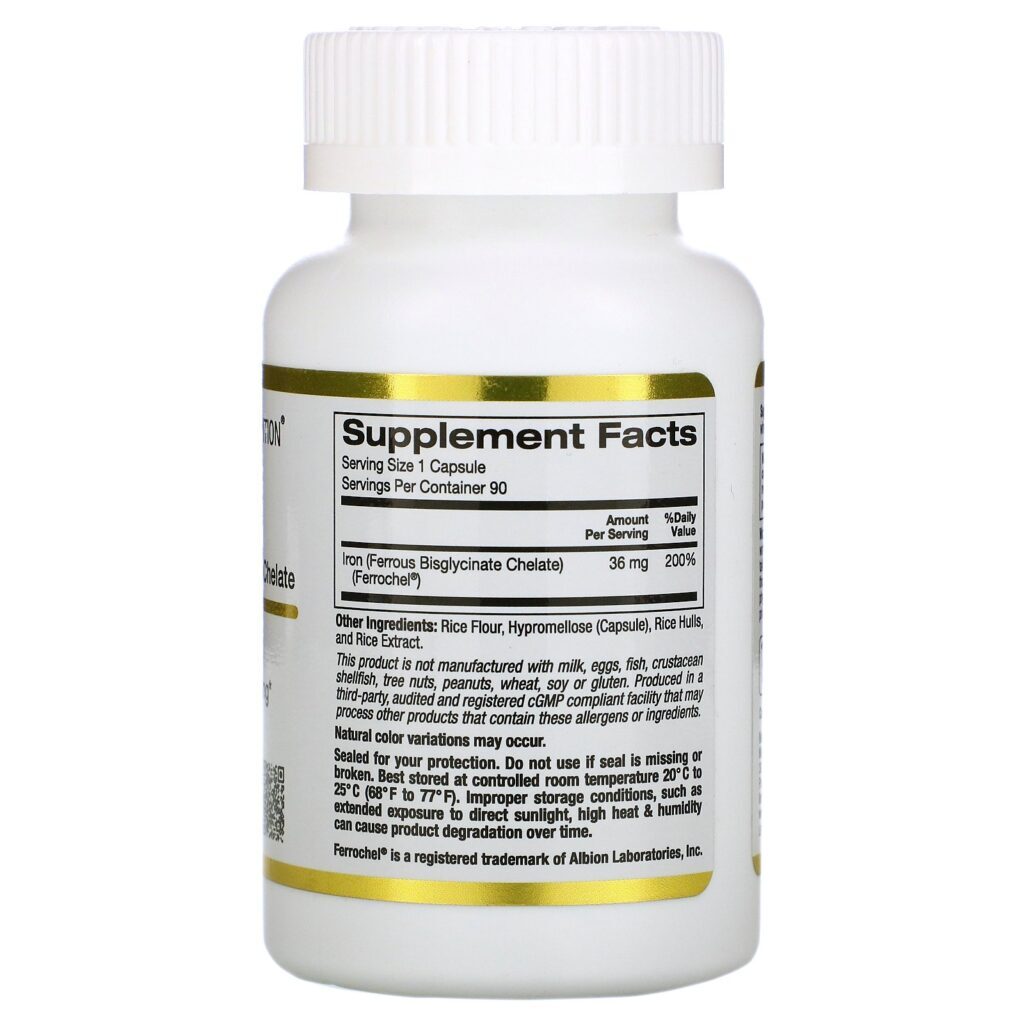 California Gold Nutrition, Ferro Ferrochel (Bisglicinato), 36 mg, 90 Cápsulas Vegetais - Imagem 2
