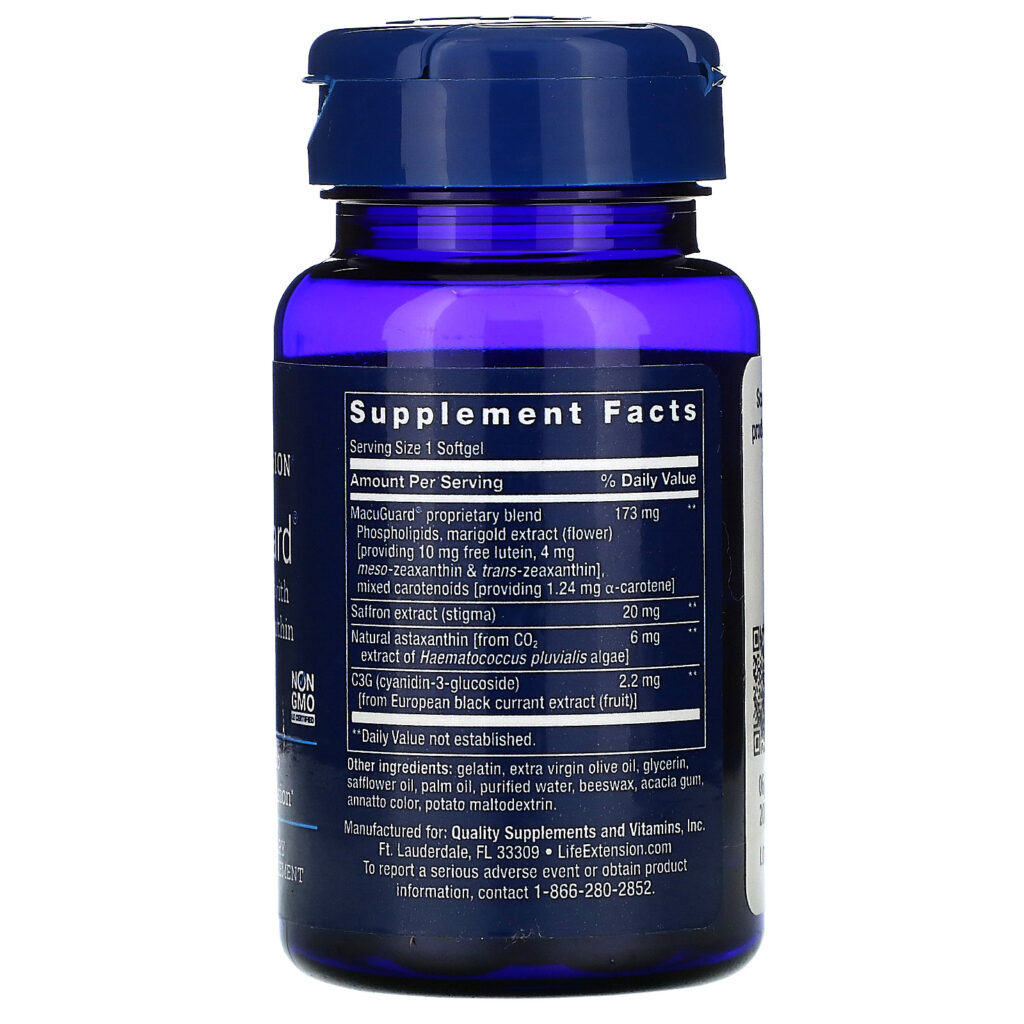 Life Extension, MacuGuard, Suporte Ocular com Açafrão e Astaxantina, 60 Softgels - Imagem 2