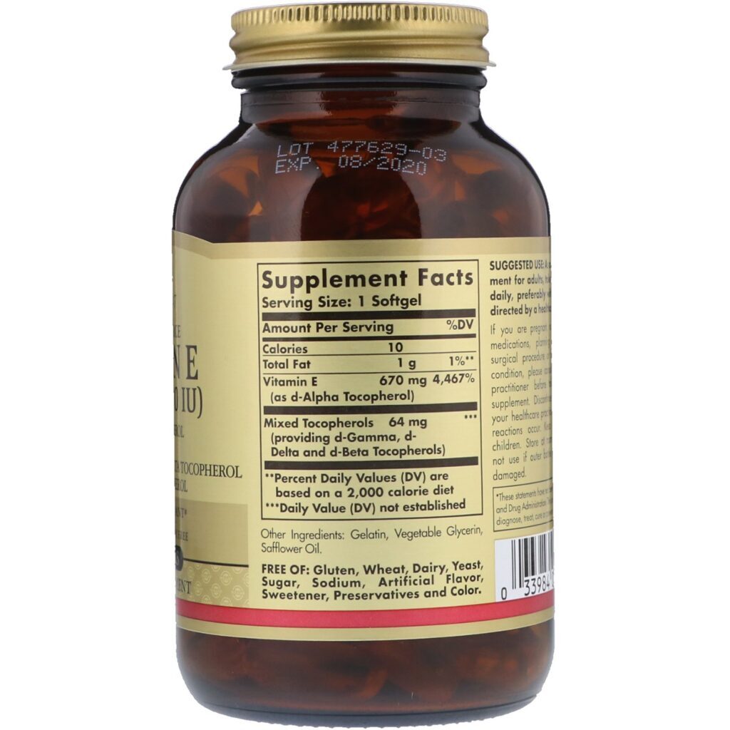 Solgar, Vitamina E de Origem Natural, 670 mg (1.000 UI), 100 Cápsulas Softgel - Imagem 2