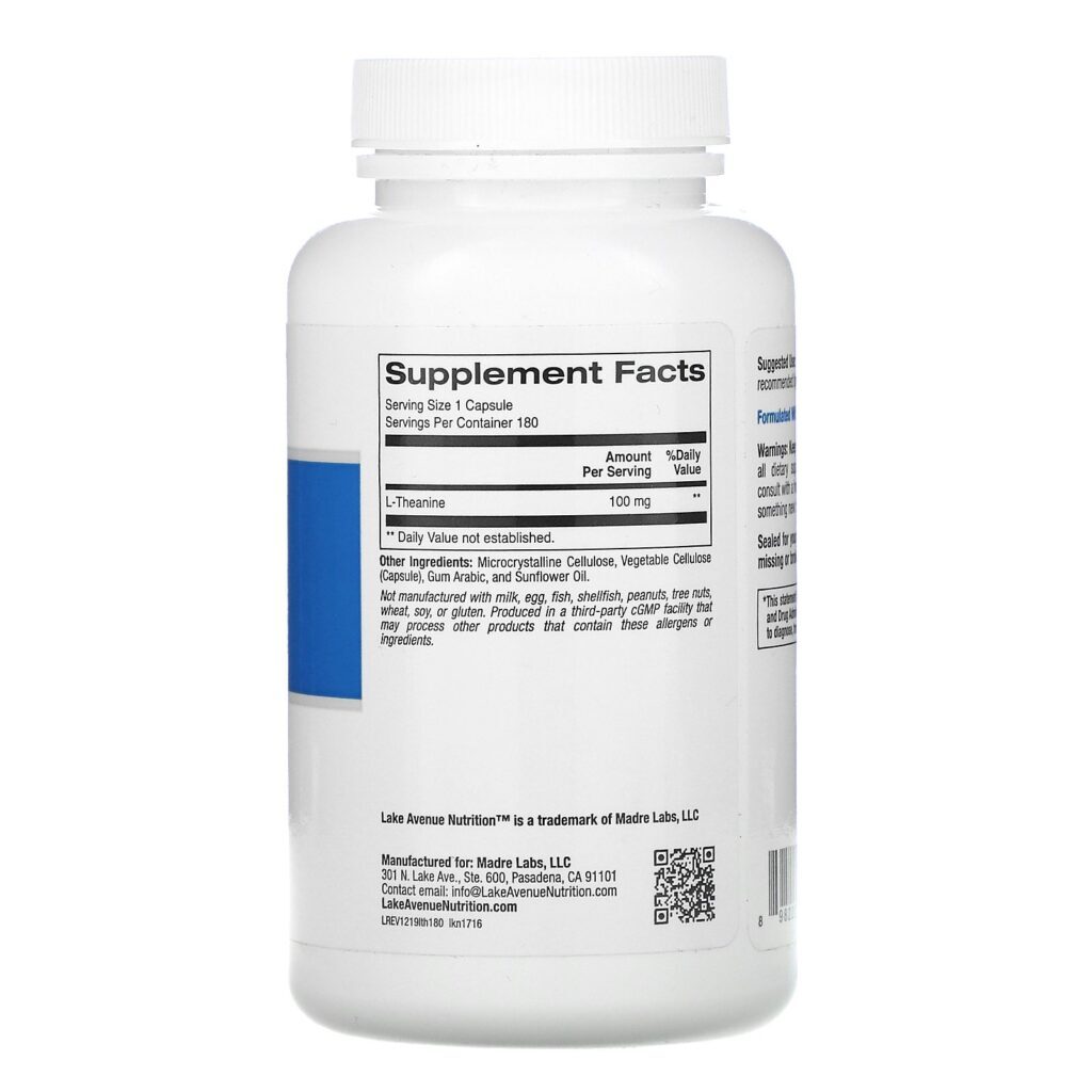 Lake Avenue Nutrition, L-Teanina, 100 mg, 180 Cápsulas Vegetais - Imagem 2