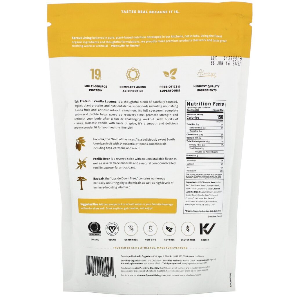 Sprout Living, Epic Protein, Organic Plant Protein + Superfoods, Vanilla Lucuma, 1 lb (455 g) - Imagem 2