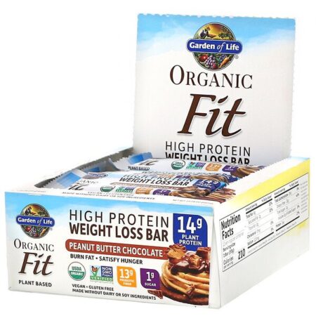 Garden of Life, Organic Fit, Barras de Alto Teor de Proteína para Perda de Peso, Chocolate com Manteiga de Amendoim, 12 Barras, 55 g (1,94 oz) Cada