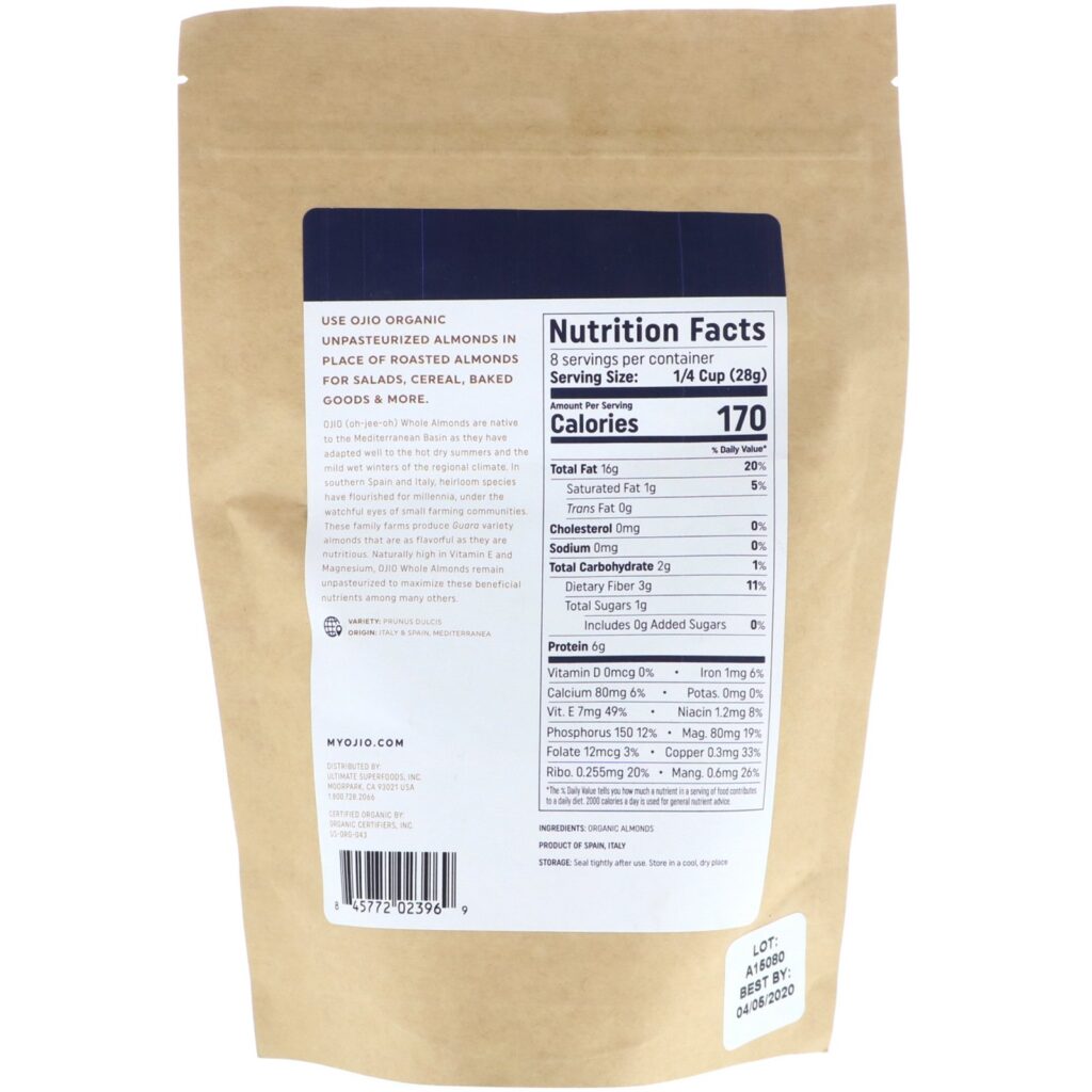 Ojio, Amêndoas Orgânicas Não Pasteurizadas 227 g (8 g) - Imagem 2