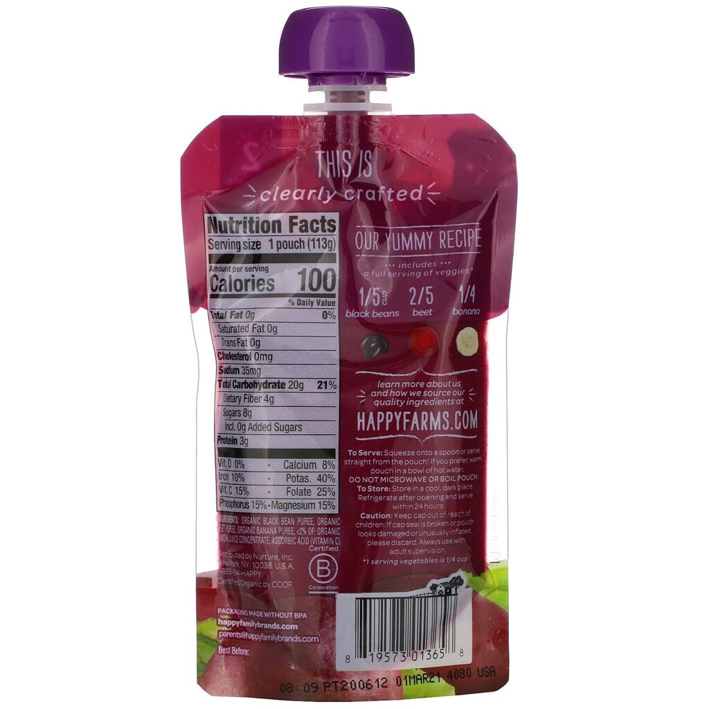 Happy Family Organics, Organic Baby Food, Stage 2, Clearly Crafted, 6+ Months, Black Beans, Beets & Bananas, 4 oz (113 g) - Imagem 2