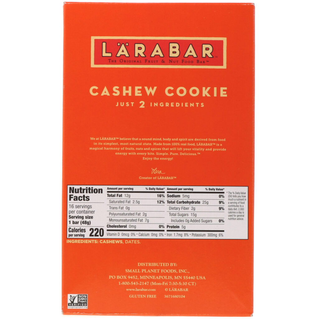 Larabar, The Original Fruit & Nut Food Bar, Cashew Cookie, 16 Bars, 1.7 oz (48 g) Each - Imagem 3