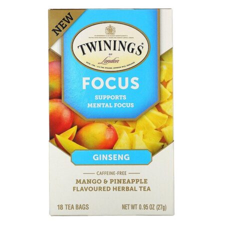 Twinings, Focus Herbal Tea, Ginseng, Mango & Pineapple, Caffeine Free, 18 Tea Bags, 0.95 oz (27 g)