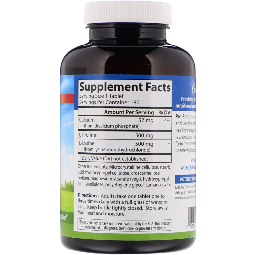 Carlson Labs, Pro-Rite, Free-Form L-Proline & L-Lysine, 180 Tablets - Imagem 2