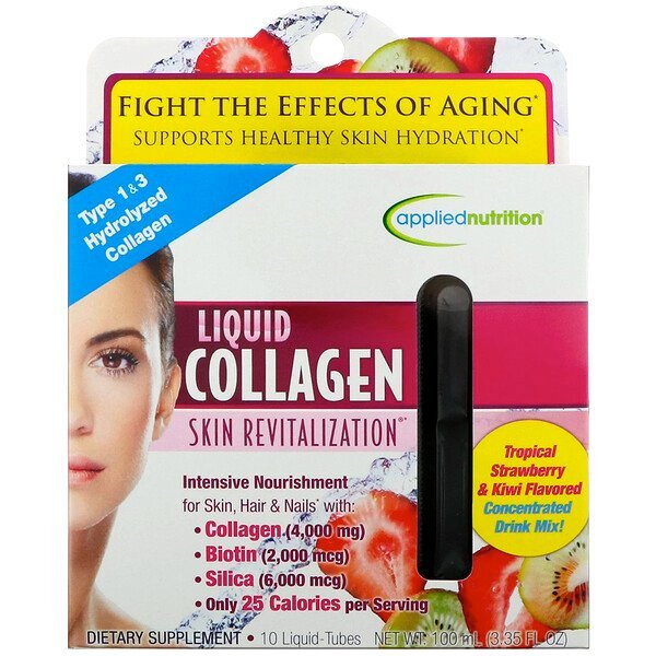 appliednutrition, Colágeno Líquido, Revitalização da Pele, Sabor Tropical de Morango e Kiwi, 10 Flaconetes, 10 ml Cada