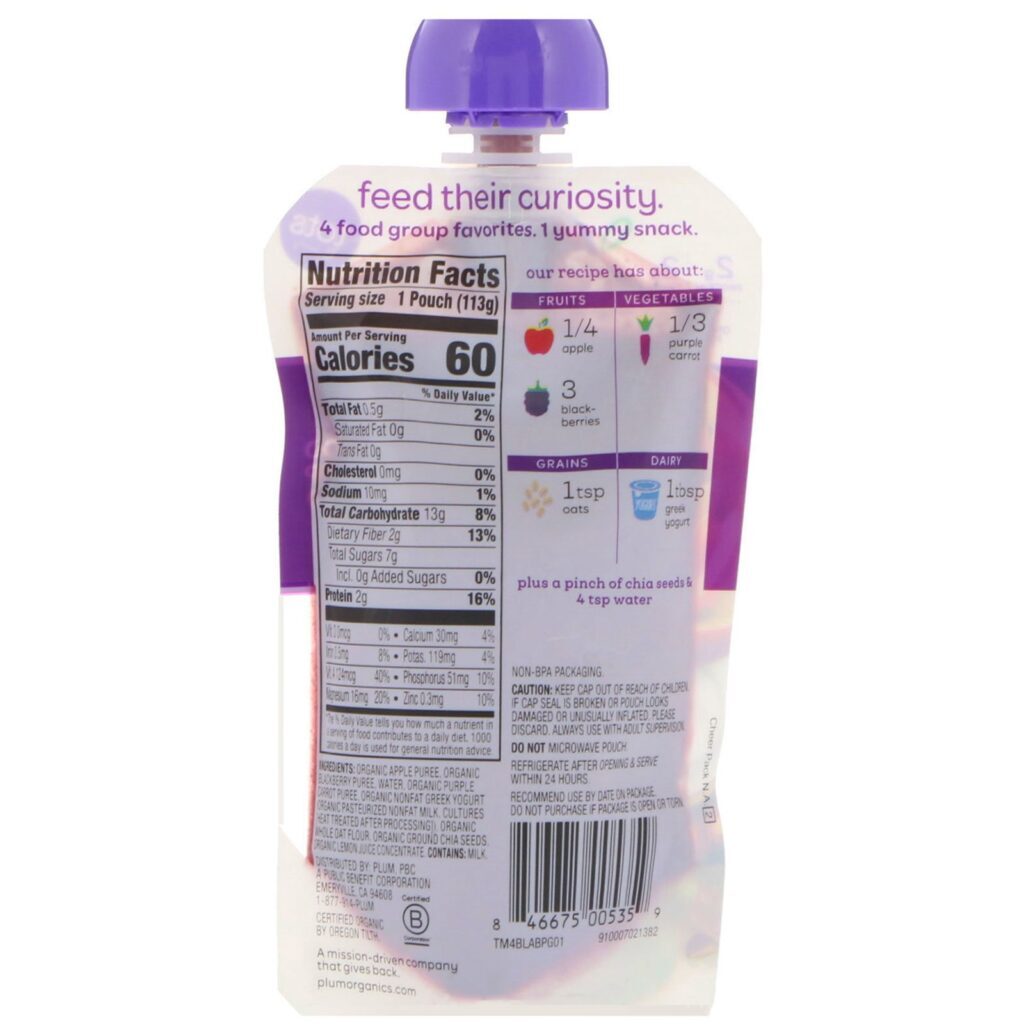 Plum Organics, Tots, Mighty 4, 4 Food Group Blend, Apple, Blackberry, Purple Carrot, Greek Yogurt, Oat, 4 oz (113 g) - Imagem 2