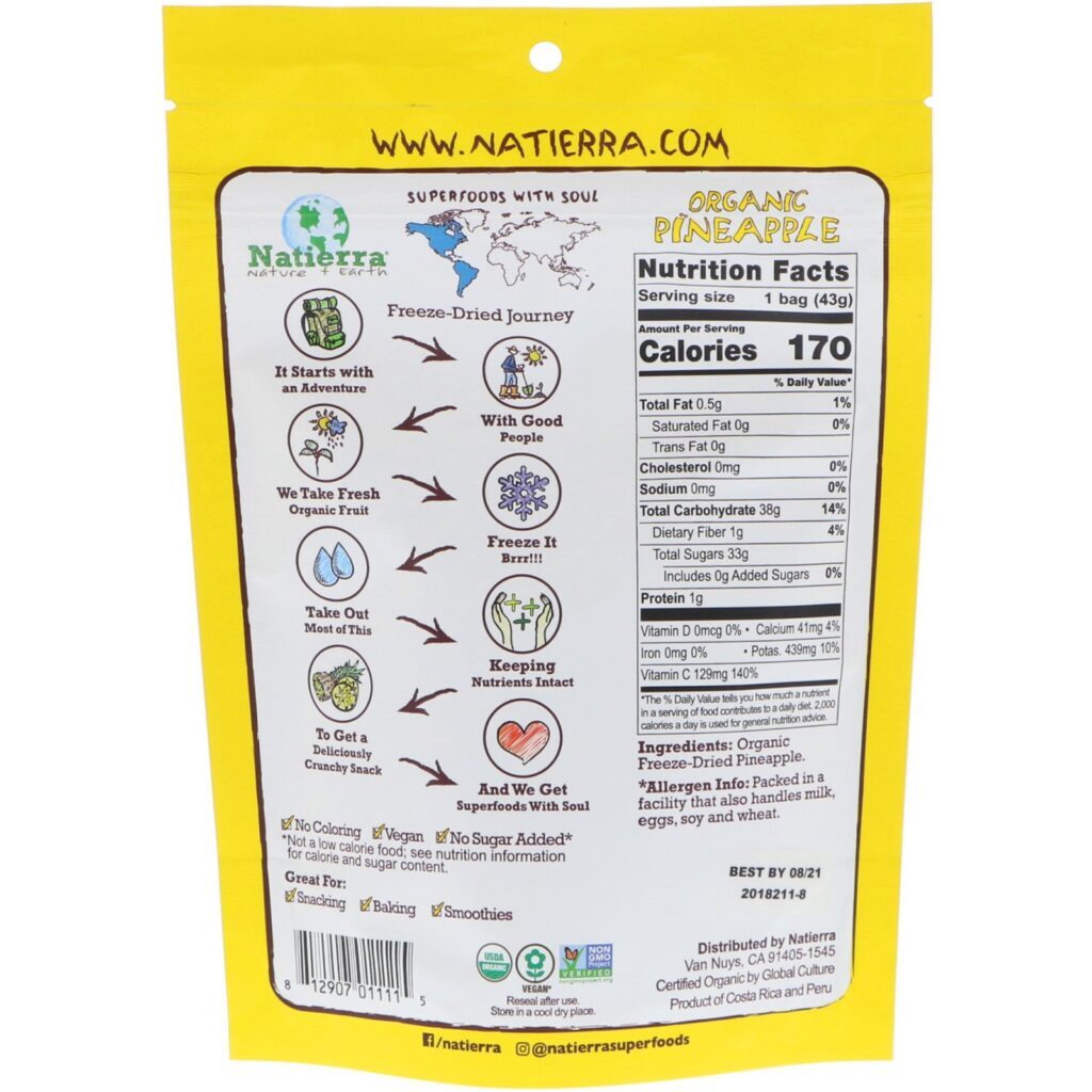 Natierra, Orgânico Liofilizado, Abacaxi, 1,5 oz (43 g) - Imagem 2