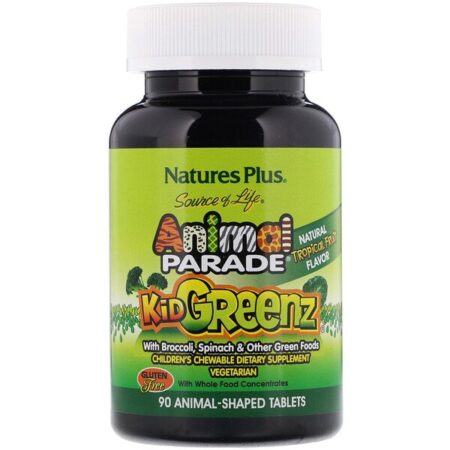 Nature's Plus, Source of Life, Animal Parade, Kid Greenz com Brócolis, Espinafre, Sabor Natural a Frutas Tropicais, 90 Comprimidos em Forma de Animal