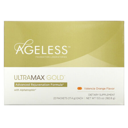 Ageless Foundation Laboratories, UltraMax Gold, Fórmula Avançada de Rejuvenescimento com Alphatrofina, Sabor Laranja Valência, 22 Sachês, 17,4 g (13,5 oz) Cada