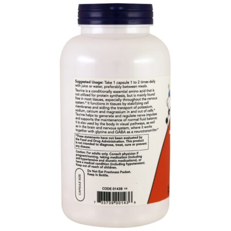 Now Foods, Taurina, Potência Dupla, 1.000 mg, 250 Cápsulas Vegetais - Image 3