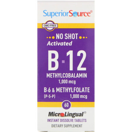 Superior Source, B-12 Metilcobalamina Ativada, B-6 (P-5-P) e Metilfolato, 1.000 mcg/1.000 mcg, 60 Comprimidos