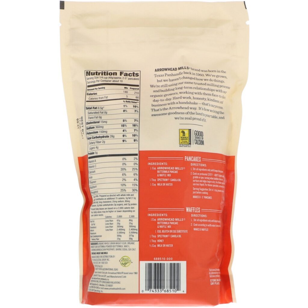 Arrowhead Mills, Mistura Natural para Panquecas e WafflesNatural, Buttermilk, 26 oz (737 g) - Imagem 2