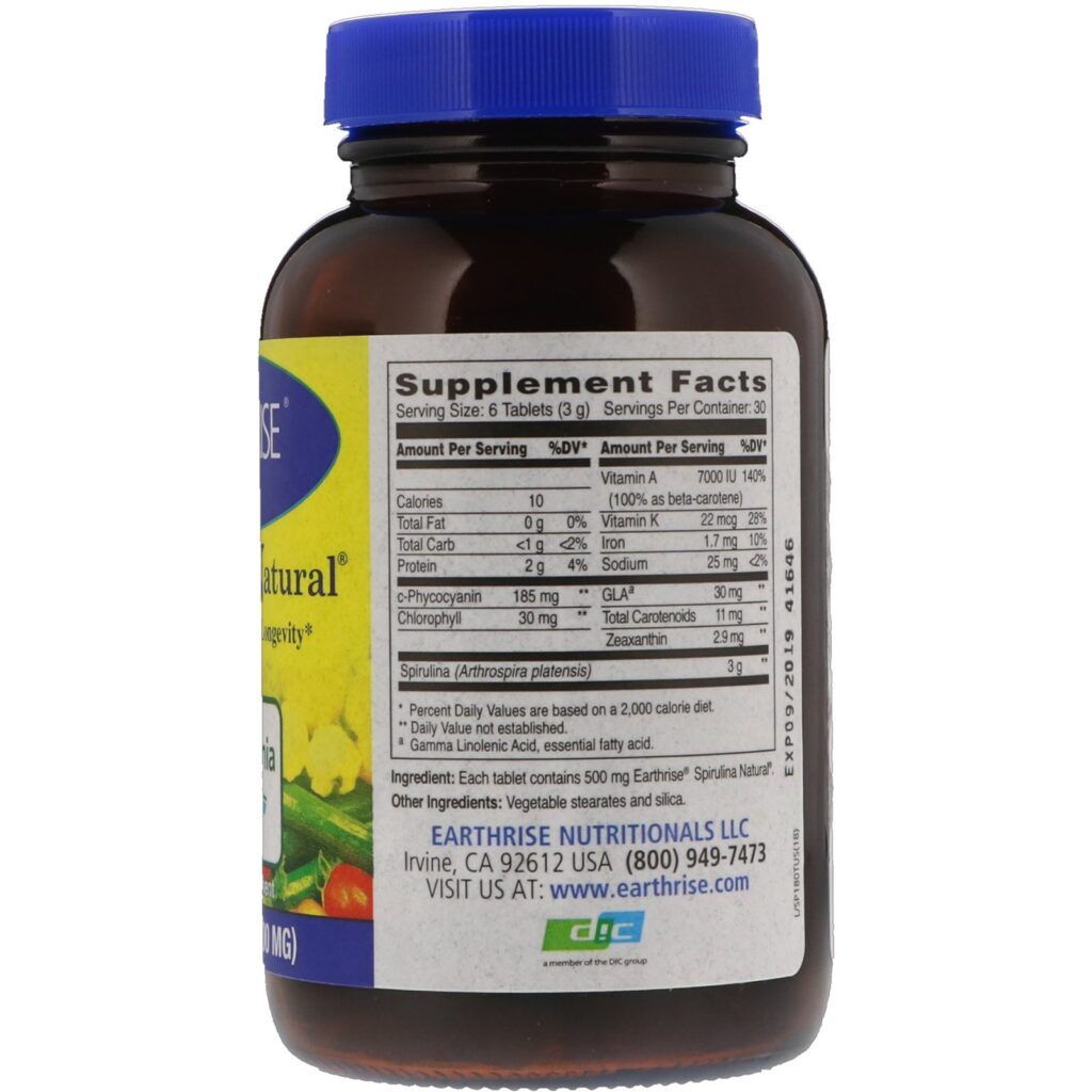 Earthrise, Spirulina Natural, 500 mg, 180 Comprimidos - Imagem 2