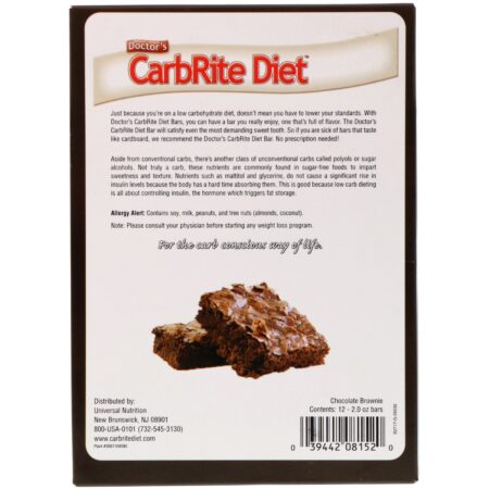 Universal Nutrition, Doctor's CarbRite Diet Bars, Chocolate Brownie, 12 Bars, 2.00 oz (56.7 g) Each - Image 3