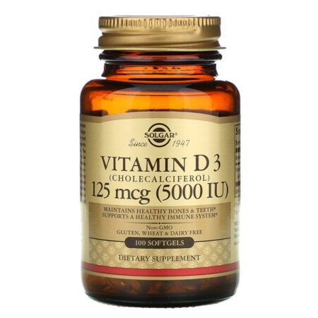 Solgar, Vitamina D3 (Colecalciferol), 125 mcg (5.000 UI), 100 Cápsulas Softgel