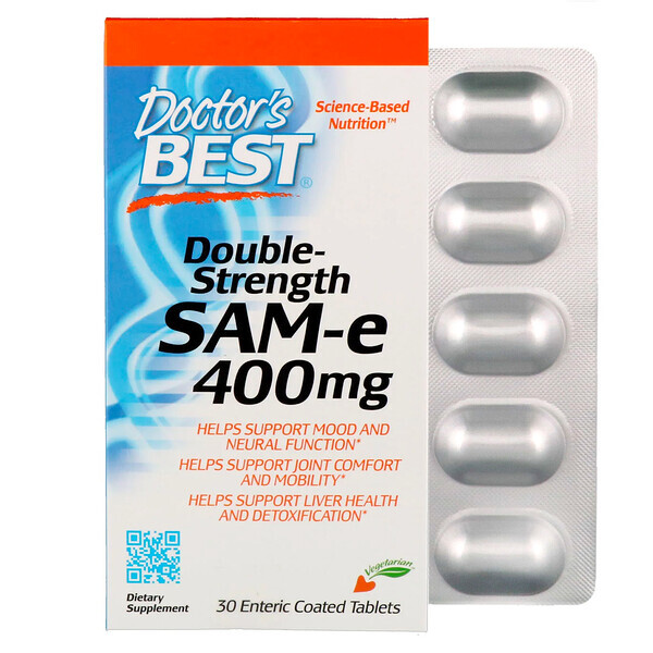 Doctor's Best, SAM-e, Potência em Dobro, 400 mg, 30 Comprimidos Revestidos Entericamente