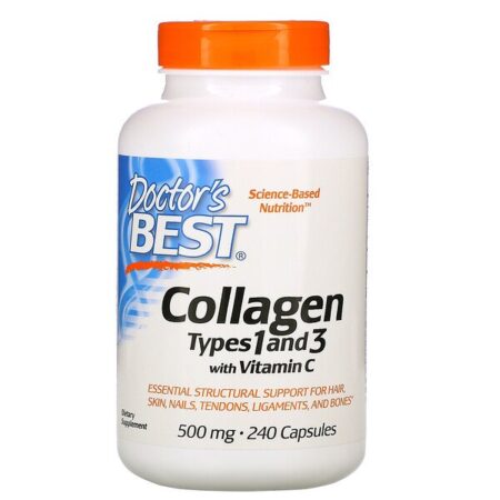 Doctor's Best, Colágenos Tipo 1 e 3 com Vitamina C, 500 mg, 240 Cápsulas