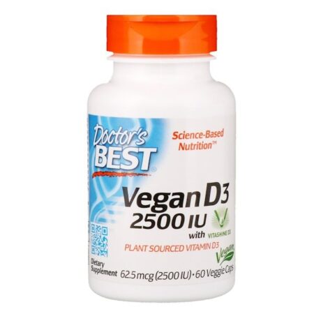 Doctor's Best, Vegan D3 com Vitashine D3, 2.500 UI, 60 Cápsulas Vegetais