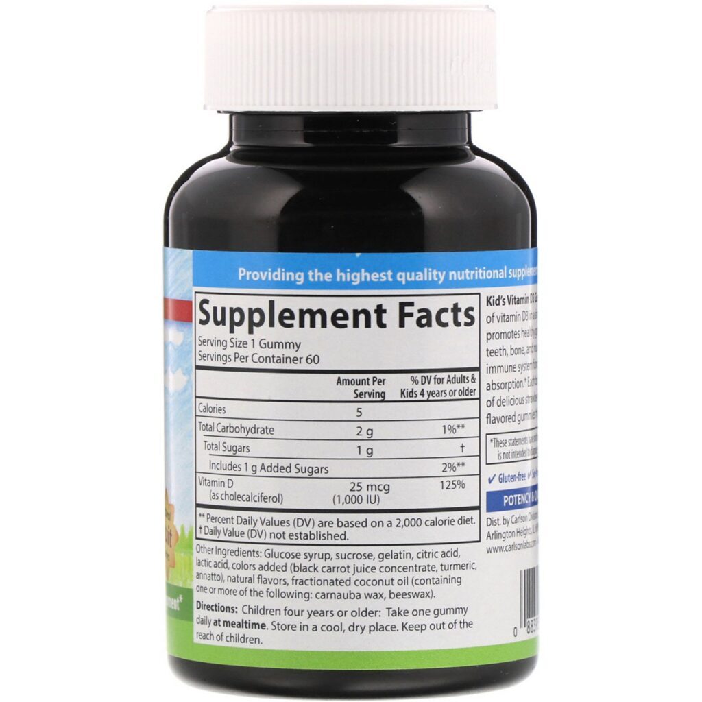 Carlson Labs, Kid's, Vitamin D3 Gummies, Natural Fruit Flavors, 25 mcg (1,000 IU), 60 Gummies - Imagem 2