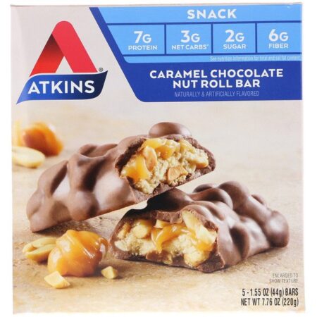 Atkins, Barra de Chocolate, Caramelo e Frutos Secos, 5 Barras, 44 g (1,55 oz) Cada