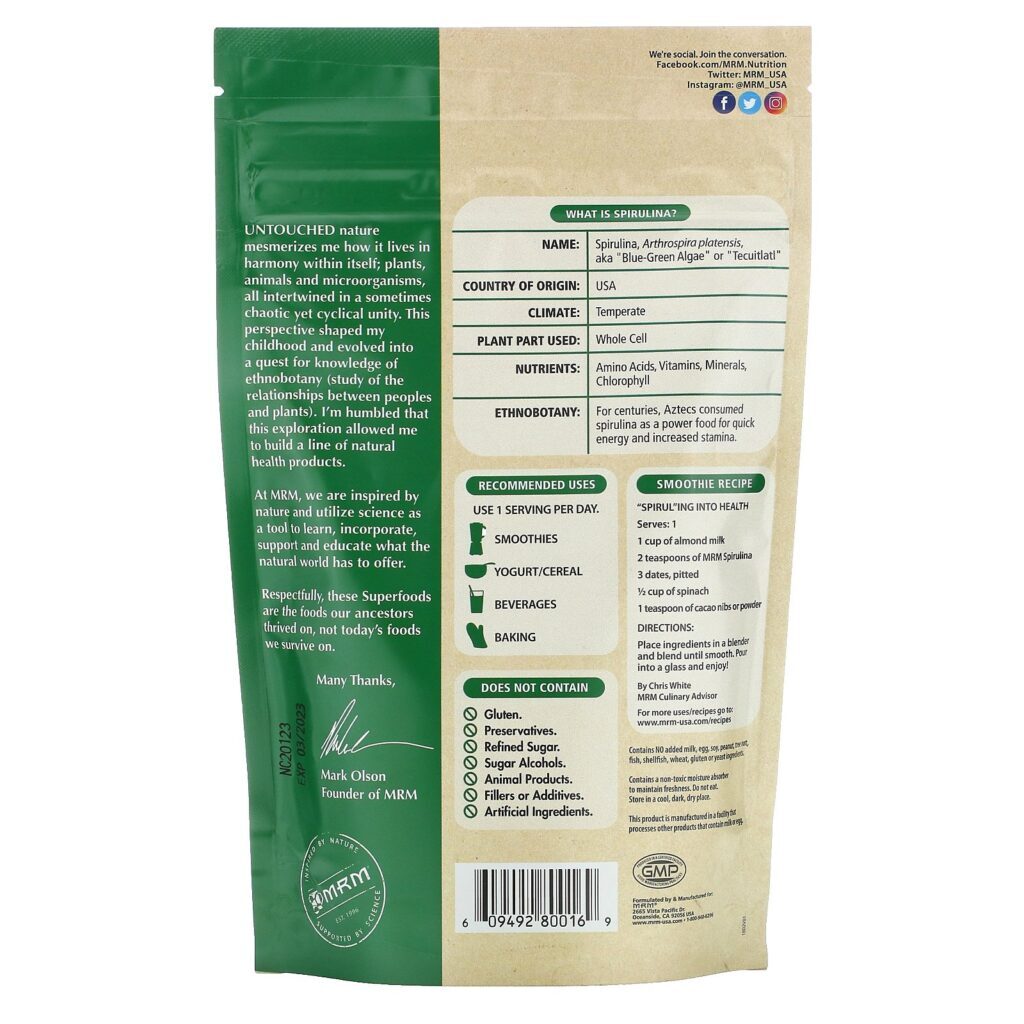 MRM, Espirulina PURA em pó, 240 g (8,5 oz) - Imagem 2