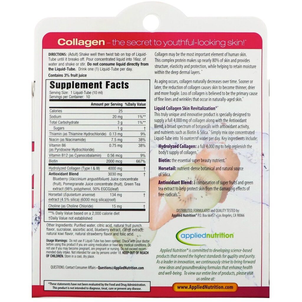 appliednutrition, Colágeno Líquido, Revitalização da Pele, Sabor Tropical de Morango e Kiwi, 10 Flaconetes, 10 ml Cada - Imagem 2