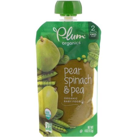 Plum Organics, Papinha Orgânica, 2ª Estágio de Desenvolvimento, Pera, Espinafre e Ervilha, 4 oz (113 g)