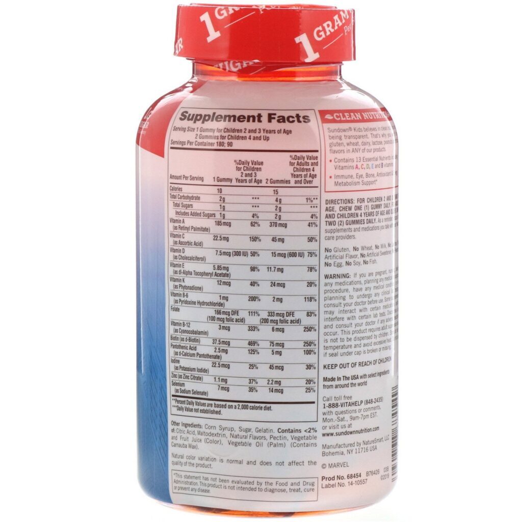 Sundown Naturals Kids, Complete Multivitamin Gummies, Marvel Spiderman, Sabores Naturais de Morango, Melancia e Framboesa, 180 Gomas - Imagem 2