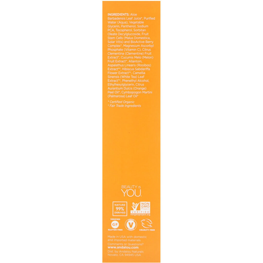 Andalou Naturals, Tônico Iluminador, Tangerina + C, Iluminador, 6 fl oz (178 ml) - Imagem 2